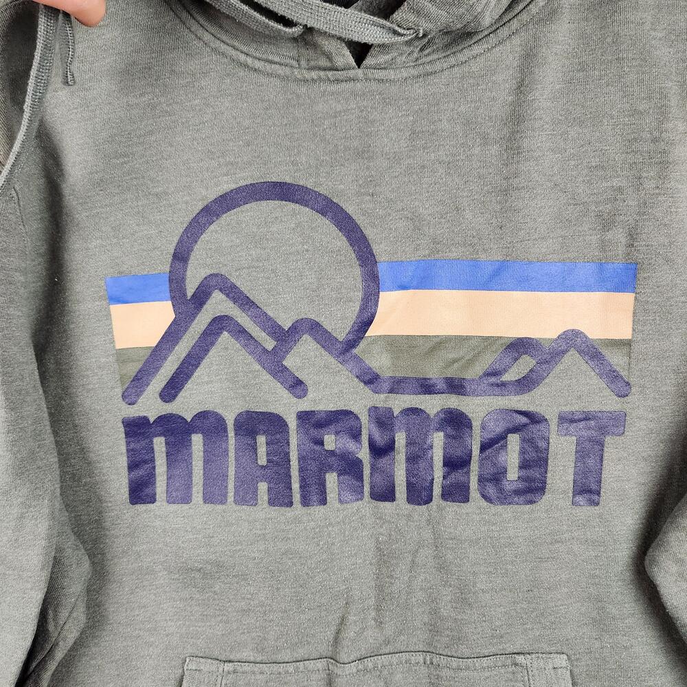 Marmot Hoodie Mens Large Gray Graphic Logo Outdoor Hiking Fleece Kangaroo Pocket